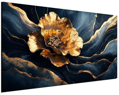 DARO Design® Leinwandbilder Groß 84x56 cm XXL Wall Art Decoration Bilder für die Wand Schlafzimmer Deko Canvas Painting Wanddekoration Wohnzimmer Abstrakt Blume Blüte Gold Edel Blau Marmor Tinte