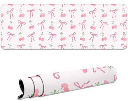 Ksriylm Gaming Mauspad,Niedlich Bowknot Groß Mousepad XL 800 x 300mm,Rutschfestes Schreibtischmatte mit Gummibasis,Genähte Kanten Schreibtischunterlage,für Büro und Zuhause,Rosa Schleife und Kirsche