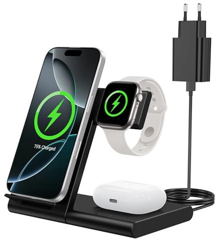 WATOE Cargador Inalámbrico 3 en 1, Wireless Charger Rápido Soporte De Carga Inalámbrico para iPhone 16/15/14/13/12/11/Pro/Max/Plus, para Apple Watch 10/9/8/7/6/SE/5/4/3/2, para AirPods 4/3/2/Pro