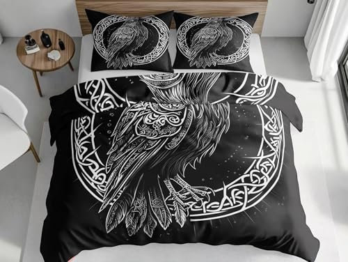 Allergiker Bettwäsche-Sets Kuschelige Mikrofaser Bettbezüge 135x200cm Bettwäsche mit Reißverschluss Wikinger-Rabe Startseite Schlafzimmer Dekor Schwarz