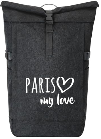 Huuraa Kurierrucksack Paris my love 30-44 Liter Black Melange Fairtrade Rolltop Rucksack Geschenkidee
