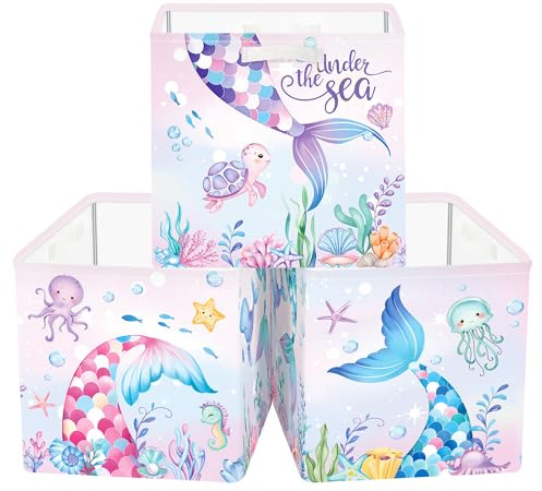 Clastyle 3 Stück Meerjungfrau Kinder Aufbewahrungsbox Stoff für Kallax Faltbar Aufbewahrungskorb Klein Mädchen Schrank Organizer Kleiderschrank für Regal,Meerjungfrauenflosse,30x30x30 cm