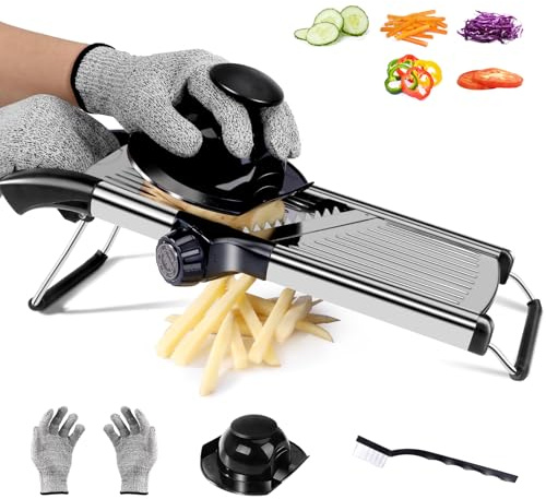 OZD Mandoline Vegetable Slicer, 5-in-1 Stainless Steel Vegetable Cutter, Adjustable Mandoline Food Slicer for Kitchen, with Safety Gloves and Cleaning Brush
