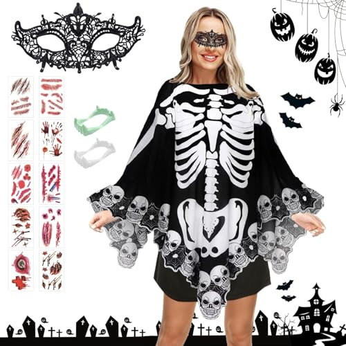 YeahBoom Halloween Skelett Poncho,Spinnennetz Cape Umhang Kostüm | Halloween Kostüme für Frauen Skelett Umhang,Druck Langärmliges Fledermaus Kostüm,Kleidung für Cosplay Karneval Party