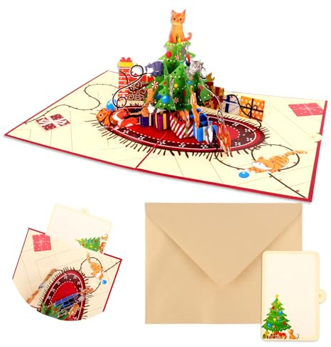 3d Pop Up Karte Weihnachten Katze, Weihnachtskarten Mit Umschlag Set, Ausgefallene Weihnachtskarte, Besondere Weihnachtskarten, Außergewöhnliche Weihnachtsbillet für Kinder (Katzen-Motiv)