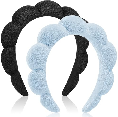 Spa Stirnbänder für Damen Frauen Puffy Make-up Stirnbänder Combo Pack Frottee Stoff Haarbändern zum Waschen des Gesichts (Schwarz + Hellblau)