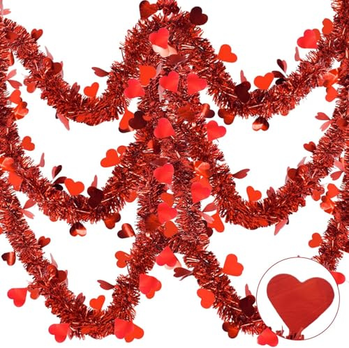 Herz Lametta Girlande Rot 10m Herzförmige Luftschlangen für Valentinstag, romantische Deko, Heiratsanträge & Liebeserklärungen (Rot)