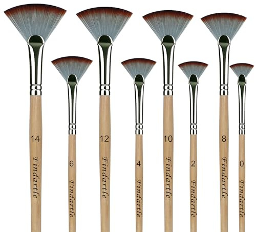 Findartle Fan Paint brushes, 8 Pcs Nylon Fan Brushes For Watercolour Acrylic Oil Gouache,Artist Paint Brush For Detail Blending,Background Sweeping, Grass Texture,Edge Softening (Natural Wood)