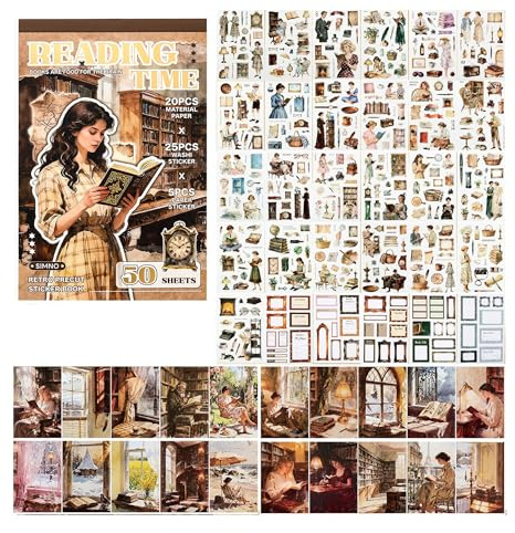 Livre de Stickers Scrapbooking Lecture Vintage, 30 Feuille Autocollants Washi Vintage pour Journaling, 20 Papiers Scrapbooking, Livre Pré-découpé pour Adultes, Projets DIY et Loisirs Créatifs