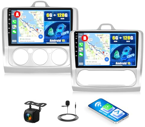 SIXWIN 8 Cores 6GB+128GB Android 15 Radio para Ford Focus Exi MT 2 3 Mk2/Mk3 2004-2011- 9'' Pantalla Táctil HD 1280x720, Wireless CarPlay/Android Auto, GPS, DSP, Bluetooth 5.0, Control Volante+Cámara