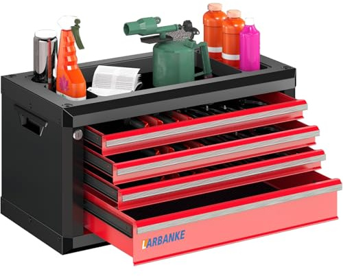 LARBANKE 4-Drawer Tool Box, Portable Tool Box with Lock&Keys,Toolbox with Waterproof and Rust-resistant Countertop,Anti-collision Corner,Special Connection Rods for Stacking with 5/7-Drawer Tool Chest