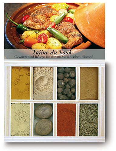 Tajine du Souk – 8 Gewürze Set für marokkanischen Eintopf (43g) – in einem schönen Holzkästchen – mit Rezept und Einkaufsliste – Geschenkidee für Feinschmecker von Feuer & Glas
