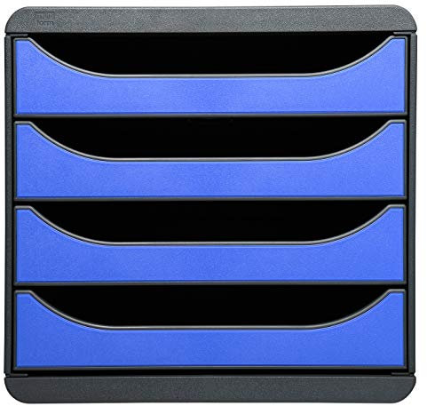 Exacompta - Ref 310779D - BIG-BOX Desktop Drawer Set - 4 x 55mm Drawers, Suitable for A4+ Documents, 347 x 278 x 267mm, 100% Recycled Plastic - Black/Ice Blue