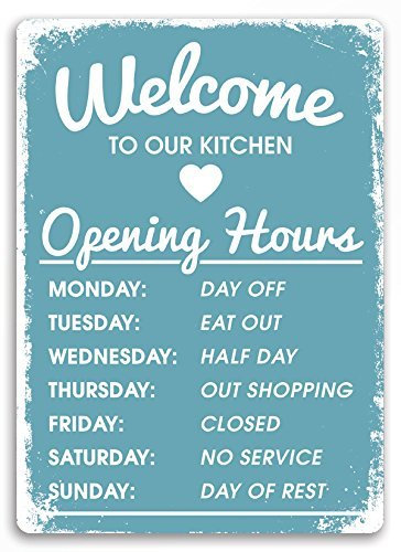 Placa de metal azul con texto en inglés Welcome to our Kitchen