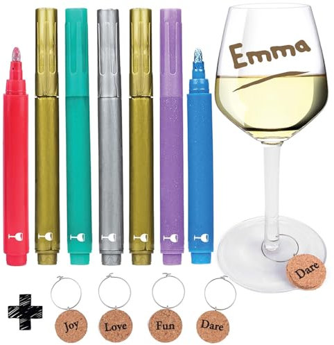 Vino de cristal Marcadores, pack de 7 por Vaci + 4 Copa de vino encantos, metálico Color rotuladores marcadores de bebida, personalizar tu bebida, lavable vino accesorios regalo