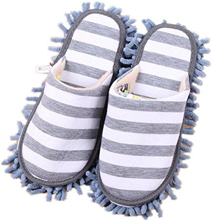 Pormow - 1 paire de pantoufles de nettoyage multifonctionnelles avec semelles en microfibre , Chenille, gris, Taille unique