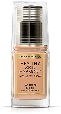 Max Factor Healthy Skin Harmony Foundation Natural 50 – Flüssig Make-up für die perfekte Grundierung – Feuchtigkeitsspendend für die Haut – 1 x 30 ml