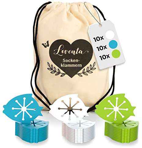 LOVENTA® Sockenklammern (30 Stück) – Socken-Clips für Waschmaschine und Wäschetrockner – Strumpf- und Sockenorganizer – Fester Halt – dehnbar – auch für Dicke Socken – diversen Farben