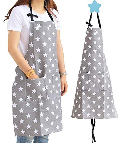 XCOZU Grau Sterne Schürze mit Tasche, Polyester Baumwolle Verstellbare Kochschürze Damen Männer, Küchenschürze Schürze Frau Mann Grillschürze Latzschürze Kellner Schürze