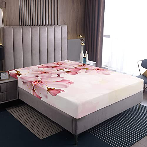 Rosa Kirsche Blumen Spannbetttuch Pfirsichblüte Bettwäsche-Sets Frühling Kirschblüten Spannbetttücher für Mädchen Frauen Blütenblatt Botanischer Garten Thema Rustikale Bettwäsche Dekor Set, 160x200