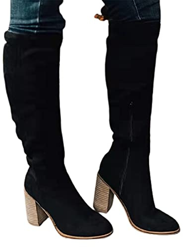 Syfinee Stivali lunghi da donna in camoscio alla moda, stivali sopra il ginocchio con tacco a blocco, vestibilità elasticizzata, stivali alti da donna e ragazza, invernali, facili da indossare, Nero