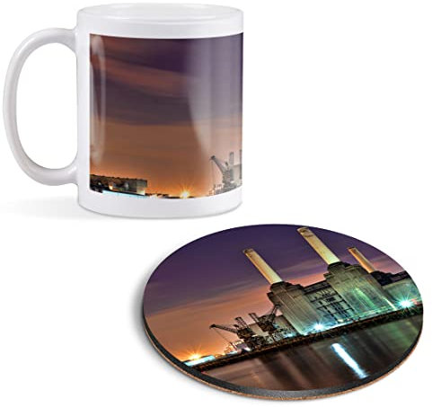 1 x 11oz (284ml) White Ceramic Mug Cup & 1 x Round Wooden Cork Coaster - Battersea Power Station at Night Design for Coffee Tea Drinks Kitchen Birthday Office #44232
