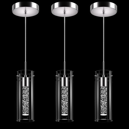 Esfos Pendant Ceiling Light Fixture, LED Kitchen Lighting Crystal Pendant Lights Kitchen Island, 1-Light Integrated Kitchen Hanging Light Fixture Modern Island Light with Bubble Glass Three Pack