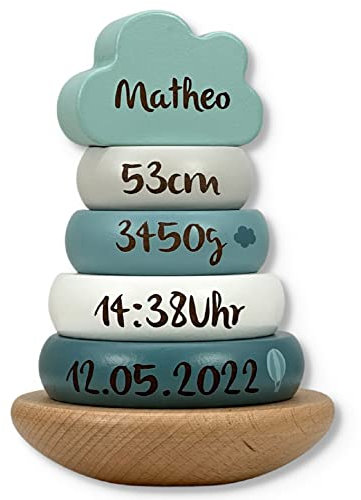 KIDSLINO Stapelturm Mint - personalisierbar I Geschenk zur Geburt & Taufe I Handmade Baby Holzspielzeug I Personalisierte Geschenke Baby I Label-Label I Stapelspiel mit Name & Geburtsdaten