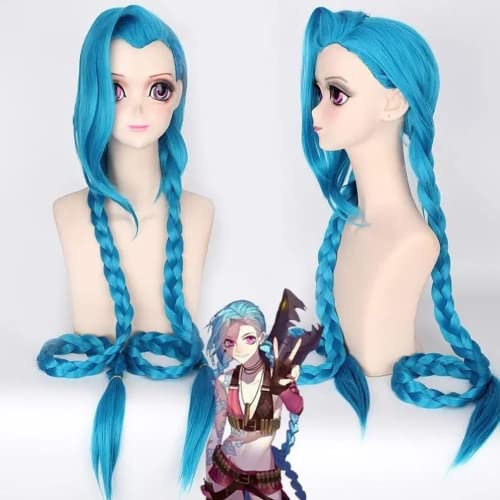 Anime Spiel Cosplay Perücke, Jinx Perücke, Hellblaue Lange Zopfperücke mit kostenloser Perückenkappe, für Halloween, Party, Karneval, Nachtleben, Konzerte, Hochzeiten