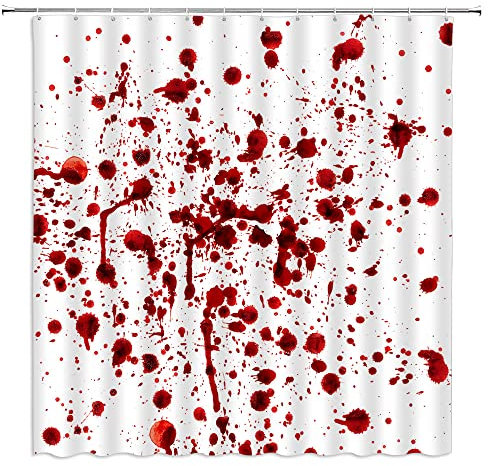 Halloween-Duschvorhang mit Blut, Horror, roter Geist, blutig, gruselig, Zombie, Vampir, blutiger Spritzer, Stoff, Badezimmer-Sets mit Haken, Weiß/Rot, 178 cm B x 178 cm H