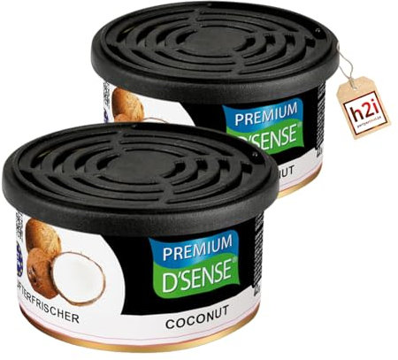 h2i Premium Duftdose | coconut | 2 Stück | Auto Lufterfrischer und Duftspender für Camping, Büro & Zuhause | 60 Tage frischer Duft mit Mengenregulierung | passt in Getränkehalter | inkl. h2i Sticker