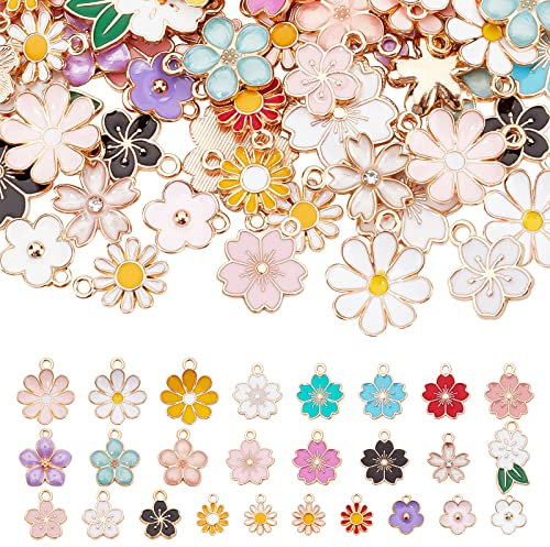 PandaHall 26 Stil Emaille Blumen Anhänger 104 Stück Bunte Blumen Themen Blumen Charms Gänseblümchen Kirsch Blumen Baumeln Vergoldeter Emaille Charm Für Halskette Ohrring Armband Schmuckherstellung