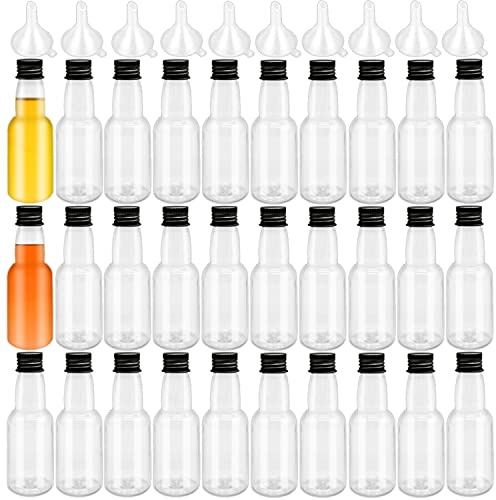 Szsrcywd 30 Pack 1.7oz Mini Liquor Bottles,Plastic Spirit Alcohol Bottle with Black Cap,Miniature Sauce Bottles with 10 Funnels for Weddings,Party Supplies