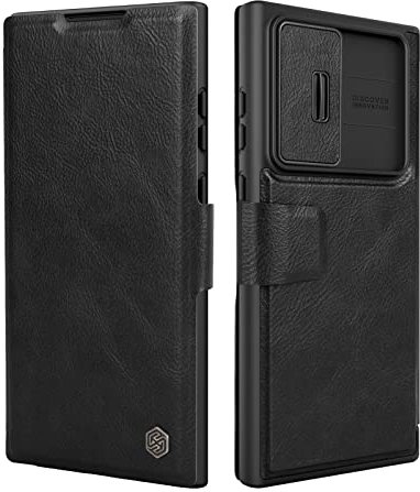 Nillkin Klappbar Hülle Kompatibel mit Samsung Galaxy S23 Ultra (6,8 Zoll), [Kameraschutz] PU Leder Wallet Handyhülle mit Kameraabdeckung Und Magnetschnalle, Schutzhülle, Schwarz
