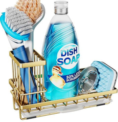 Consumest Sink Caddy, Kitchen Sponge Holder with Dish Brush Holder, Kitchen Sink Organizer with Drip Tray for Countertop, Stainless Steel Rustproof - Gold