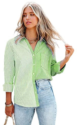 HEYPORK Damen Sommer Top Bluse Bequem Lässig Mode T-Shirt Blusen Frauen Frühjahr/Sommer Gestreift Druck Lange Ärmel Strickjacke Einreihig Shirt(Grün, XL)