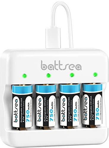 Battsea Batteria al litio ricaricabile da 123 A, confezione da 4 750 mAh, 3,7 V, con caricatore rapido, compatibile con fotocamera Arlo, torce elettriche, microfono, rilevatore di fumo, rasoio