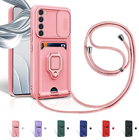 Aithne Case für Xiaomi Redmi Note 8 Handykette Hüll,Slide kameraschutz,Silikon Handyhülle zum Umhängen Kette,360 Grad Ringhalter Stand Kartenfach-Pink