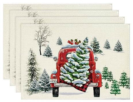 Artoid Mode Lastkraftwagen Bäume Weihnachten Platzsets 4er Set, 30x45cm Urlaub Winter Bankett Tischsets Waschbar Platzdeckchen Küche Party Deko