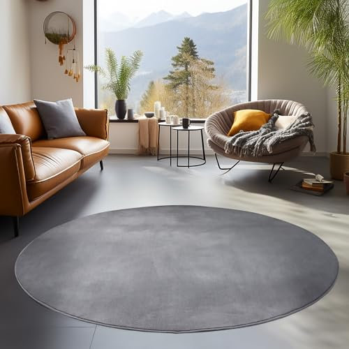 SIMPEX Teppich Wohnzimmer Schlafzimmer Esszimmer Läufer Flur Flauschiger Teppich Waschbar rutschfest Soft Weich Carpet Kurzflor Größen, Grau, 200 cm Rund