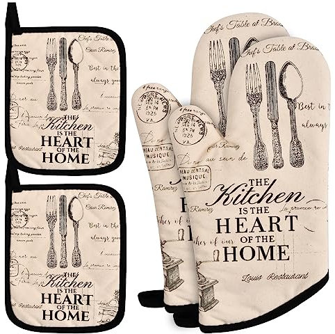 Set di Guanti da Forno (18cm x 32cm) Guanti Impermeabile Cucina Resistenti al Calore con 2 Presine da Cucina, Guanti Forno Alta Temperatura Guanti da Cucina in Cotone per Cucina, BBQ Barbecue, Grill