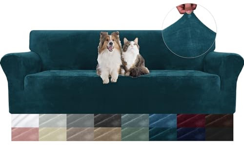 YSTELLAA Samt Sofabezug 4 Sitzer, Stretch Sofa Überzug, Sofaschoner rutschfest, Elastischer Couch Überzug, Sofa Cover Mit Armlehnen, Couchüberzüge Sofaschutz Katze, Dunkel Grün