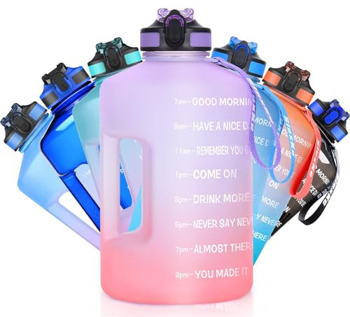 SLUXKE 1,5L Trinkflasche mit Trinkhalm und Zeitmarkierung, 1500 ml Große Sportwasserflasche Griff auslaufsicher für Fitness I Sport I Gym Lila/Rosa