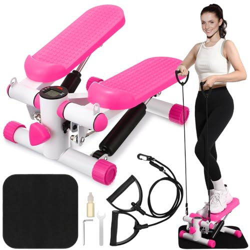 Lemosae Stepper per fitness, con capacità di carico di 136 kg, mini scaletta con monitor LCD e fasce di resistenza, regolabile, per allenamenti a casa e in ufficio, colore: rosa acceso