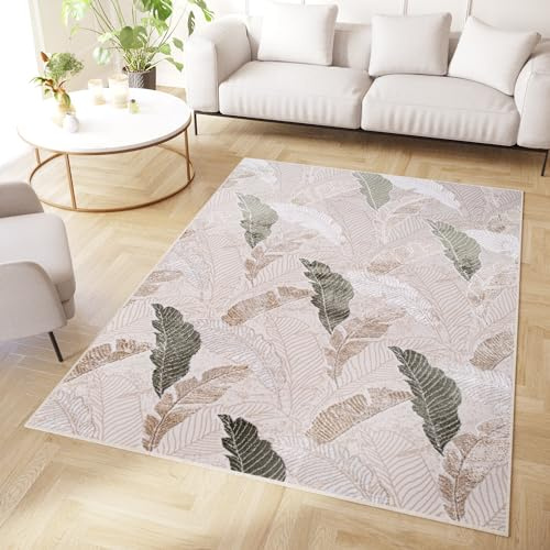 TAPISO Crystal Teppich Kurzflor Glänzend Grün Braun Beige Weiß Vogelfeder 3D Effekt Wohnzimmer Schlafzimmer Modern Design ÖKO-TEX 180 x 250 cm