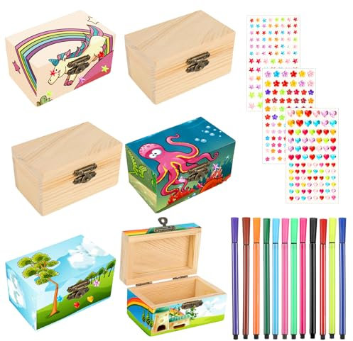 Vyuwast 6 Stück Mini Schatzkiste Holz Bastel Klein Schatztruhe Holzkiste mit Deckel Holzschachtel Bemalen Basteln mit 12 Aquarellstift und 3 Farbiger Selbstklebende Glitzersteine für DIY Handwerk