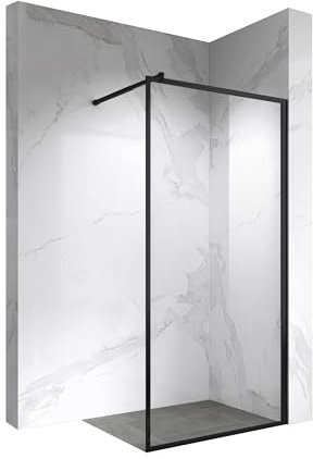 MOMENTS OF GLASS Panel de Ducha Fijo Frontal, Walk In Gianna 110x200 cm - Mampara con Vidrio de Seguridad Templado Transparente 8mm, Marco en Negro Mate y Barra en Acero Inoxidable