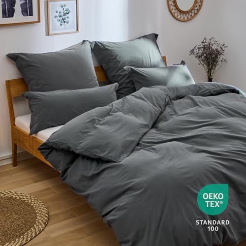 Blumtal Bettwäsche 135x200 Leinen Optik 2teilig mit Kissenbezug 80x80cm - Bettbezug leinenartige Baumwolle, ähnlich wie Leinen Bettwäsche 135x200 cm - Oeko-TEX zert. Stone Washed Bettbezug Anthrazit