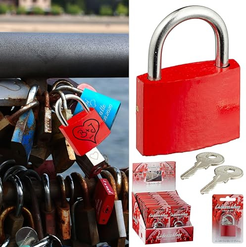 Liebesschloss 24 Stück Verkaufs-Display | 3,8cm rot Metall | 2 Motive Uni Herzgravur | Schloss mit 2 Schlüssel