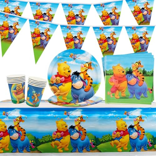 Clvsyh Winnie Cartoon Themenparty Geschirr, Pooh Geburtstagsparty Geschirr Zubehör, Winnie Bear Babyparty Table Decorations Mit Tischtuch Teller Servietten Pappbecher Dreieckige Fahne Für Kinder